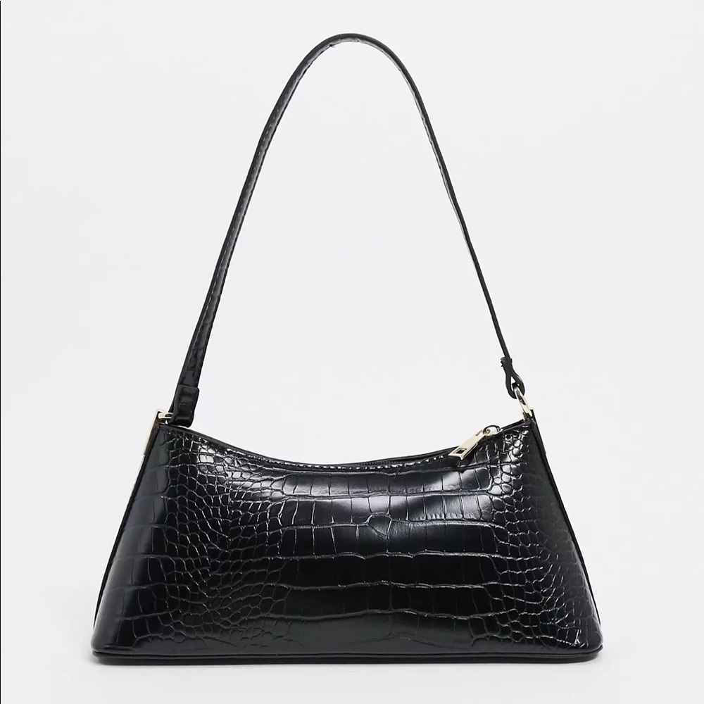ASOS DESIGN black croc effect shoulder bag with hardware tabs